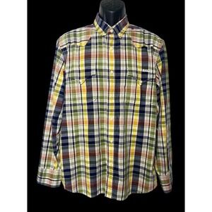LuckyBrand Sportswear Blue Green Red Yellow Plaid Button Up Long Sleeve Sz Large